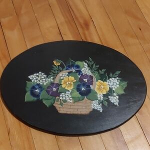 Handpainted Tole Basket Of Pansies Black Oval Wall Plaque 15" x 10.5"